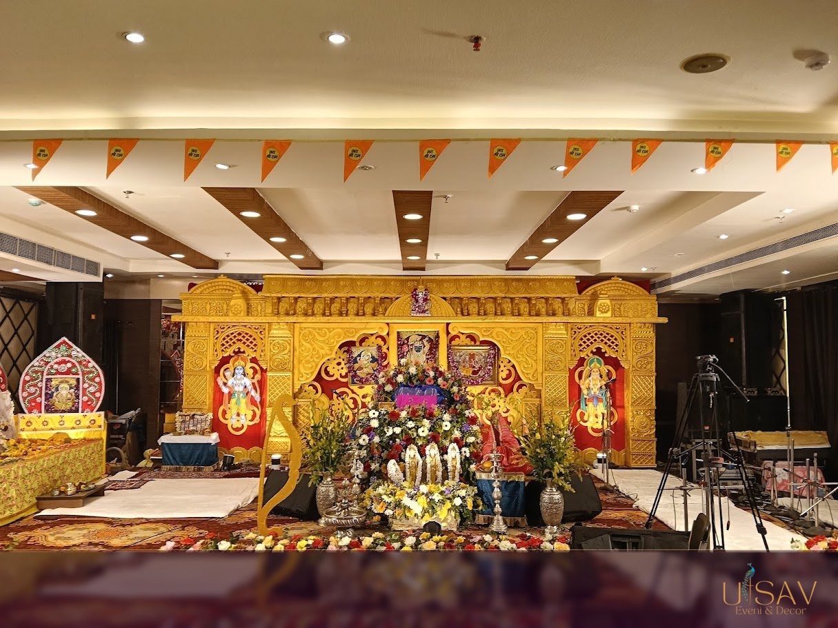 Golden ceremonial stage with floral detailing