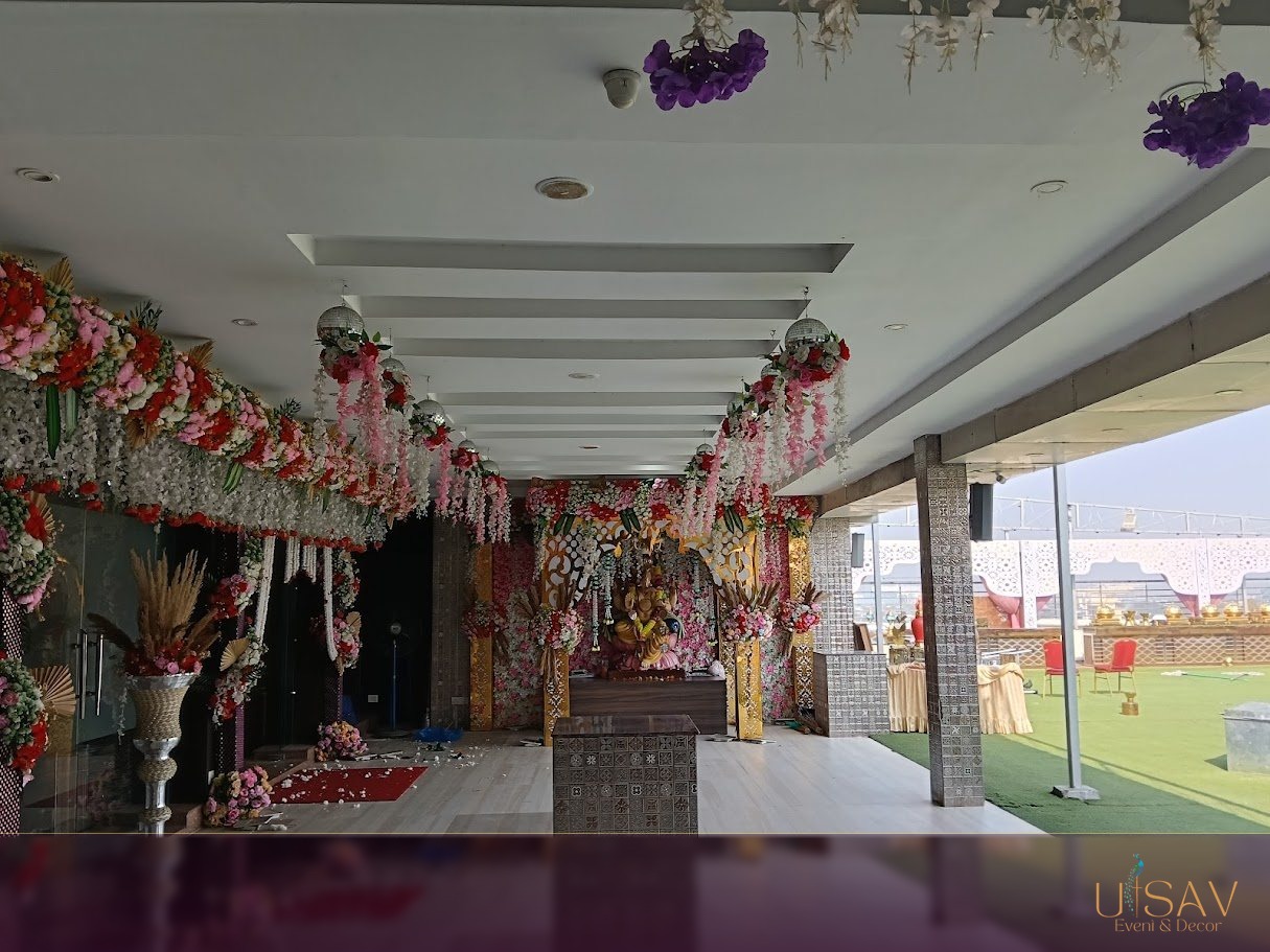 Decorated terrace corridor with floral accents