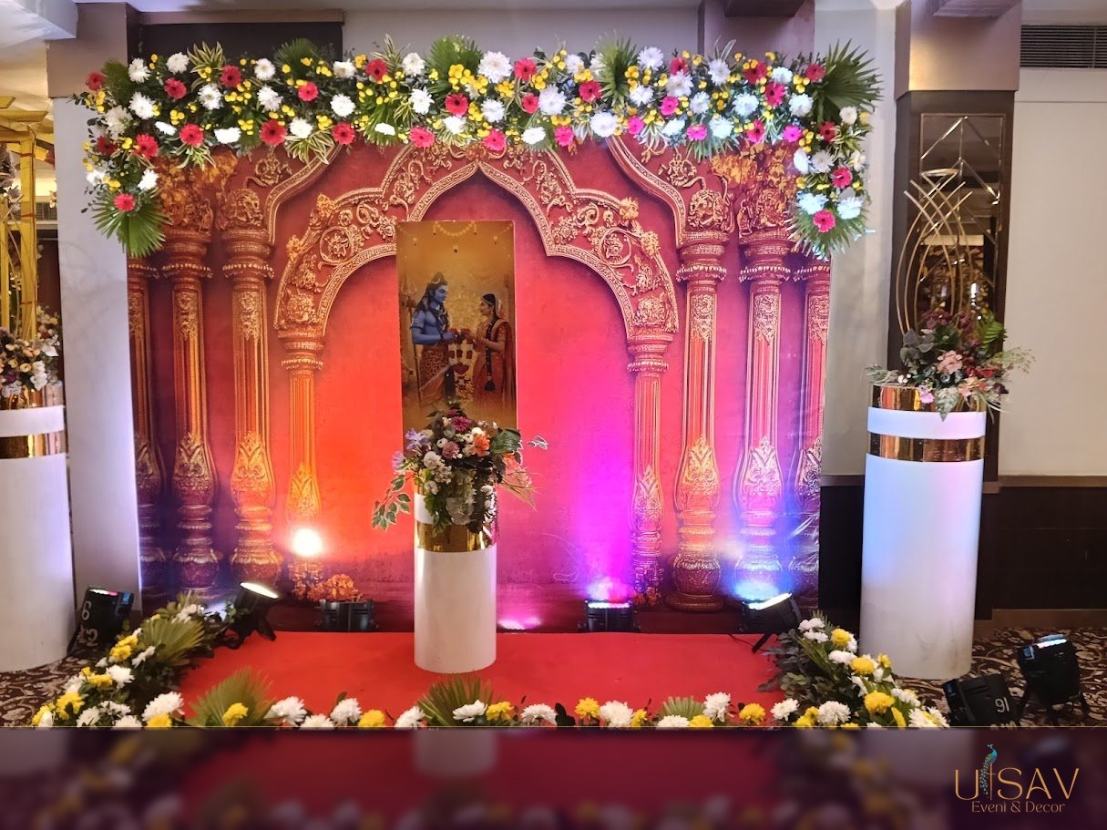 Floral devotional shrine backdrop