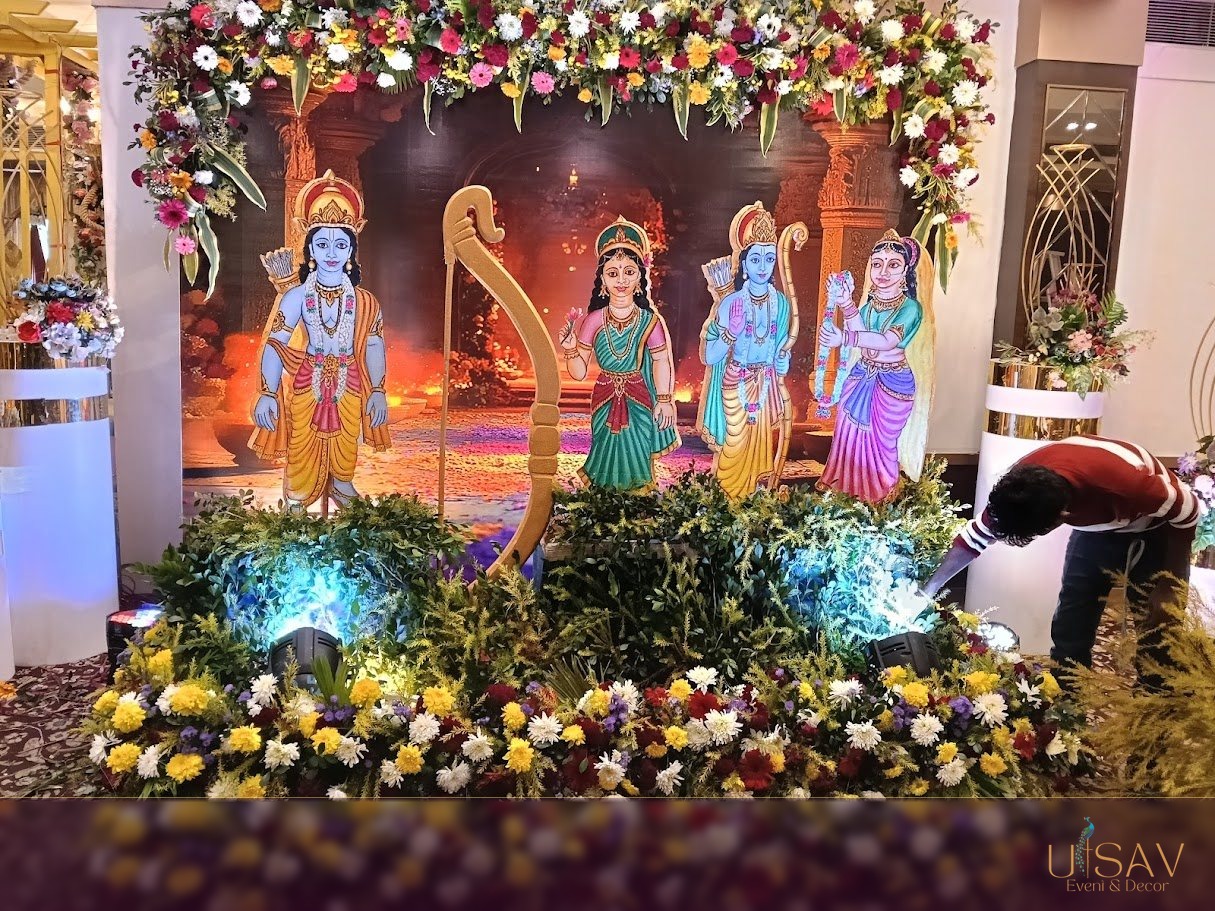 Devotional stage with floral and figure styling