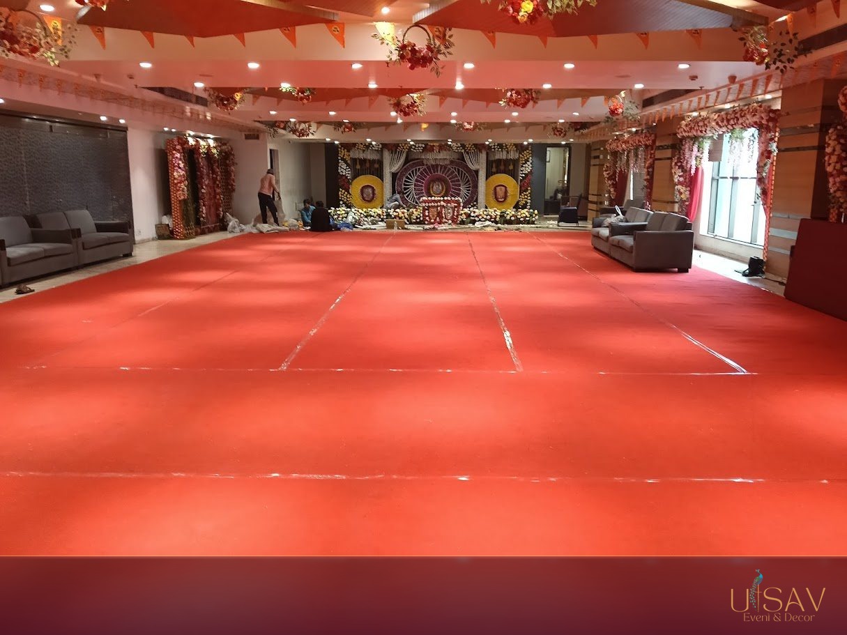 Event hall prepared with stage and seating areas