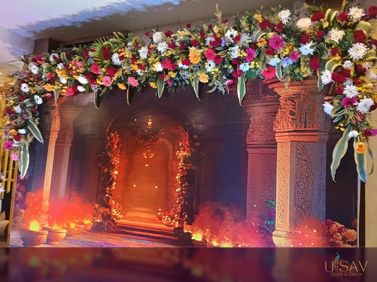Illuminated temple-style floral backdrop
