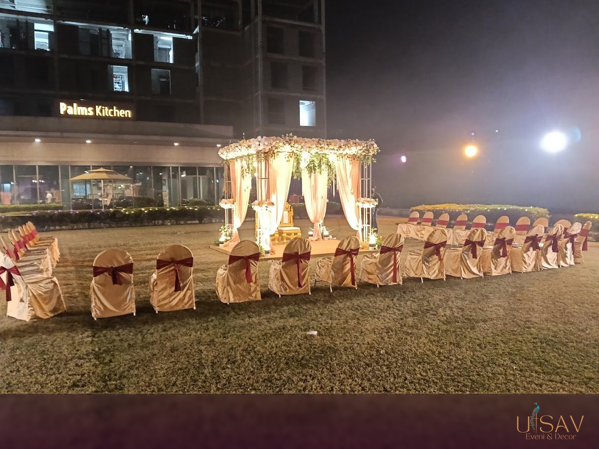 Open-air ceremony canopy with floral styling