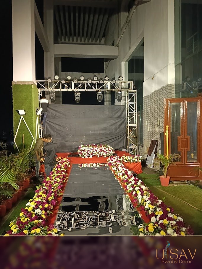 Reflective runway with floral borders