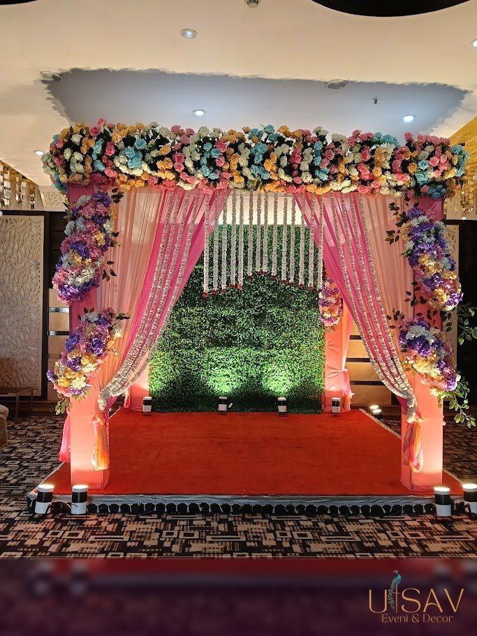 Terrace floral entrance with pink drapery