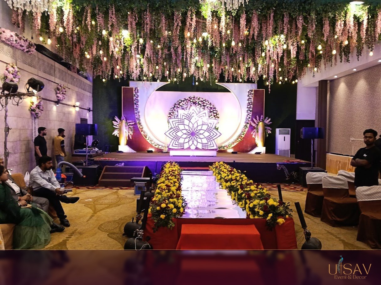 Wedding stage and floral aisle with hanging flowers
